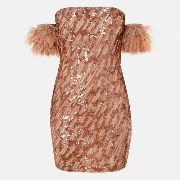 ⭐️Peace + love Nude feather sequins Bardot mini dress. - Picture 2 of 9